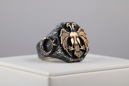 925 Sterling Silver Double-Headed Eagle Ring: Seljuk Design