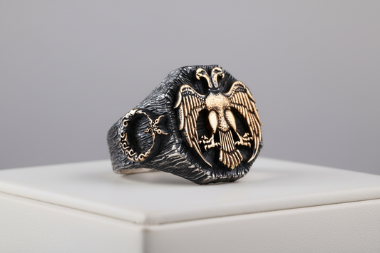 Double Headed Eagle Ring 925 Silver Seljuk Signet Handmade Men