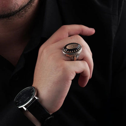 Authentischer Ring aus 925er Silber mit schwarzem Feuerbernstein, Seldschukenkunst – handgefertigter Schmuck