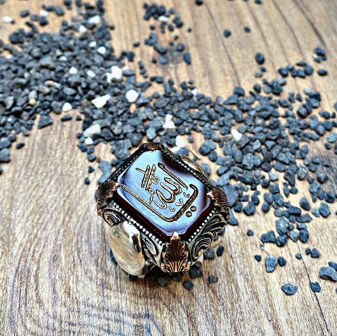 Red Yemeni Agate Ring – Allah Inscription 925 Silver | Men's Ring