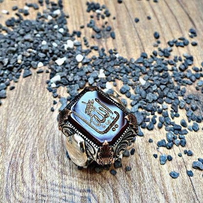 Red Yemeni Agate Ring – Allah Inscription 925 Silver | Men's Ring