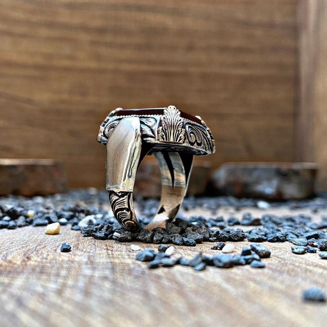 Red Yemeni Agate Ring – Allah Inscription 925 Silver | Men's Ring