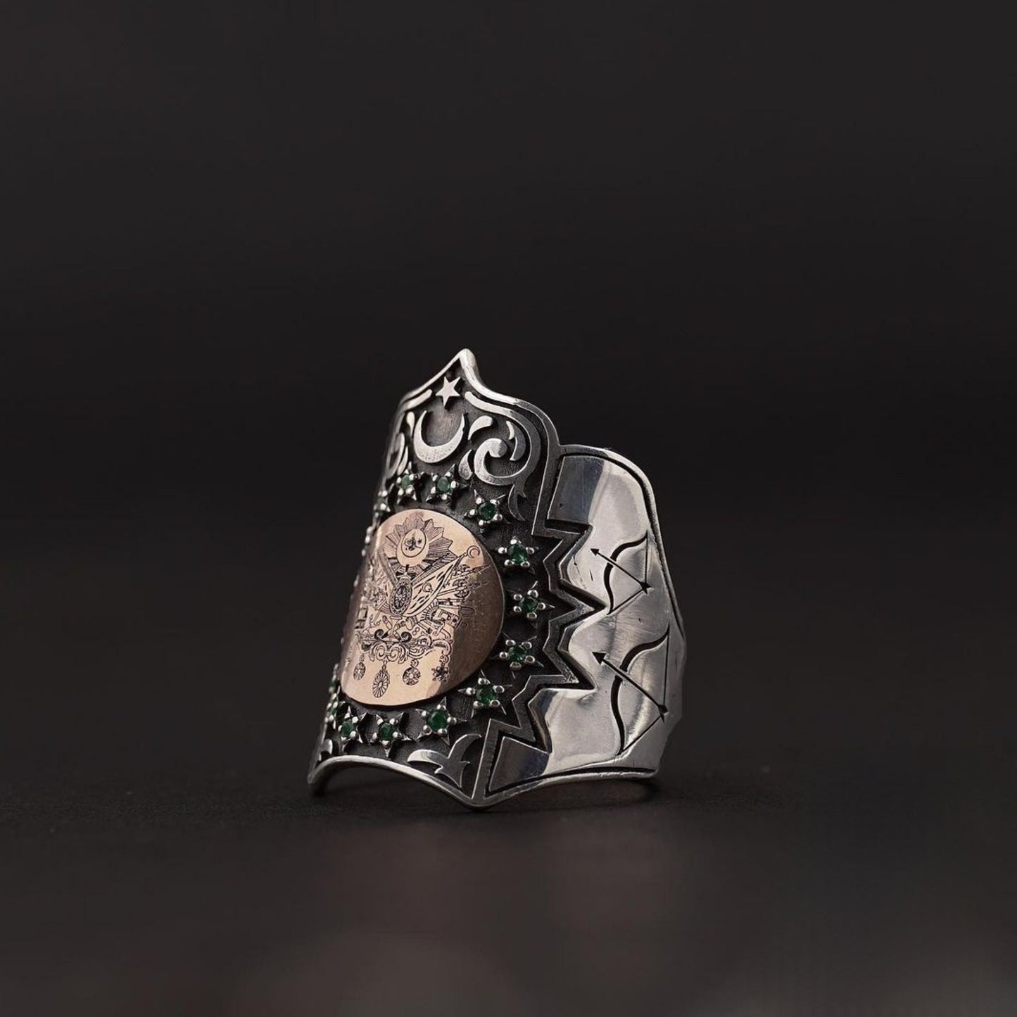 OttomanFlag Archer Thumb Ring 925 Sterling Silver Green Zircon Zihgir Handcrafted