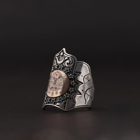 OttomanFlag Archer Thumb Ring 925 Sterling Silver Green Zircon Zihgir Handcrafted
