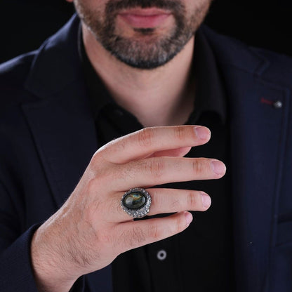 Herrenring aus Sterlingsilber mit Labradorit: Zirkonia-Akzent, wirkt angstlösend