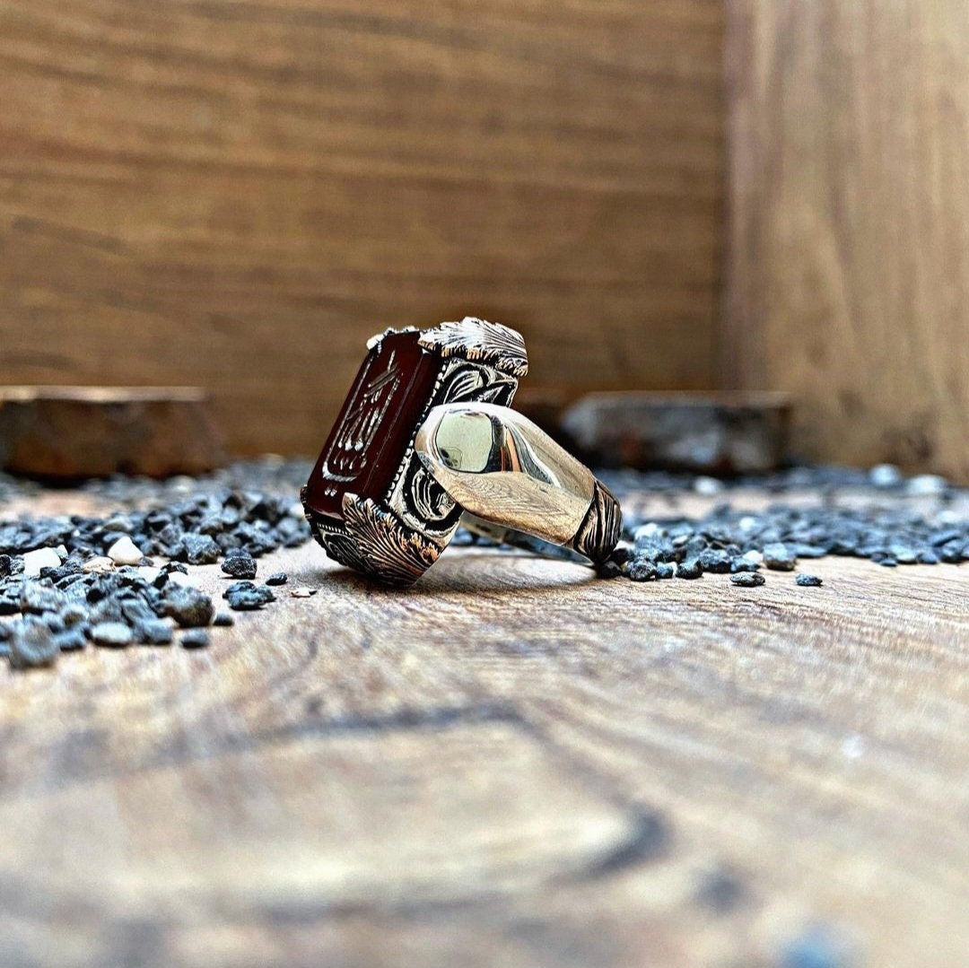 Red Yemeni Agate Ring – Allah Inscription 925 Silver | Men's Ring