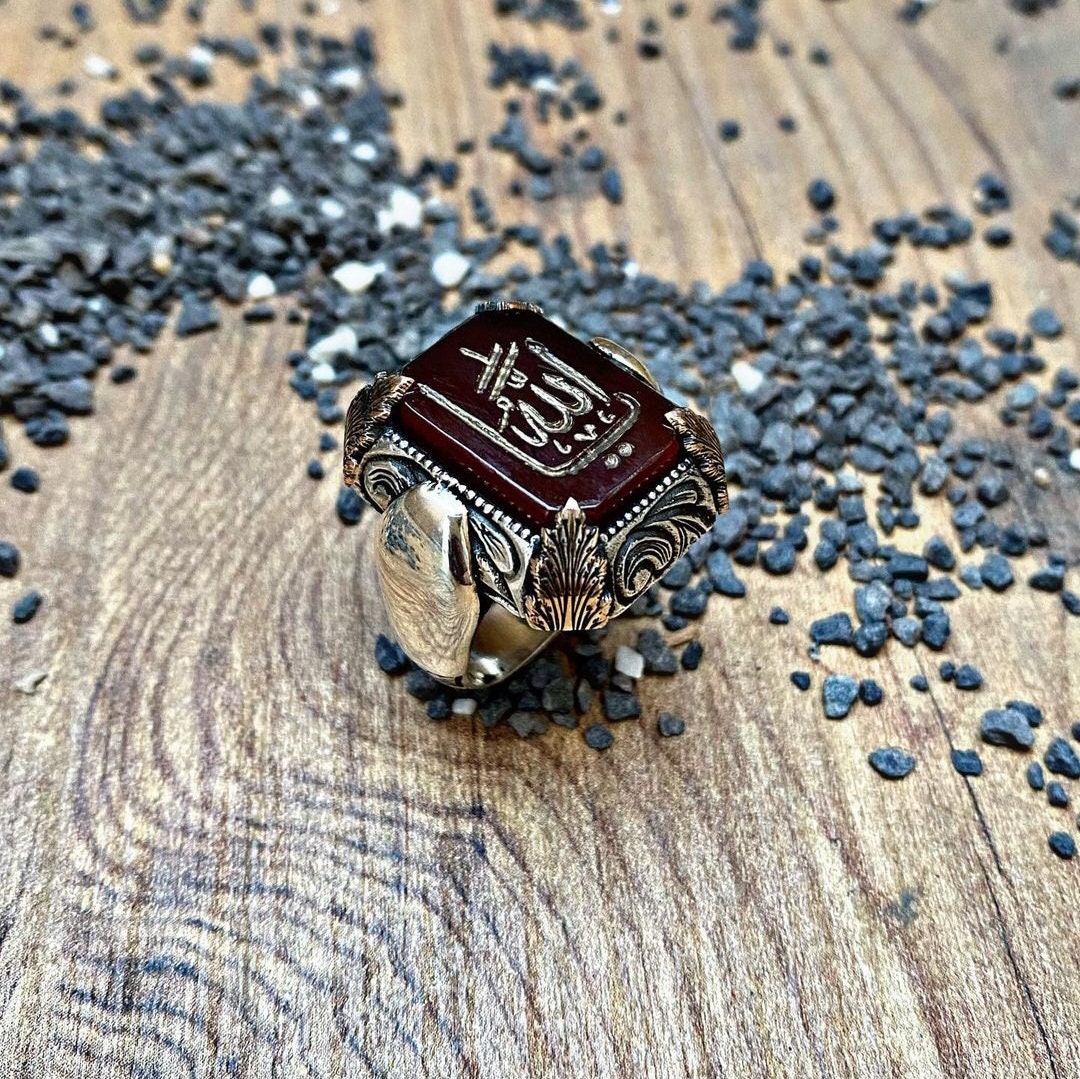 Red Yemeni Agate Ring – Allah Inscription 925 Silver | Men's Ring