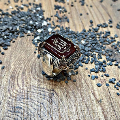 Red Yemeni Agate Ring – Allah Inscription 925 Silver | Men's Ring