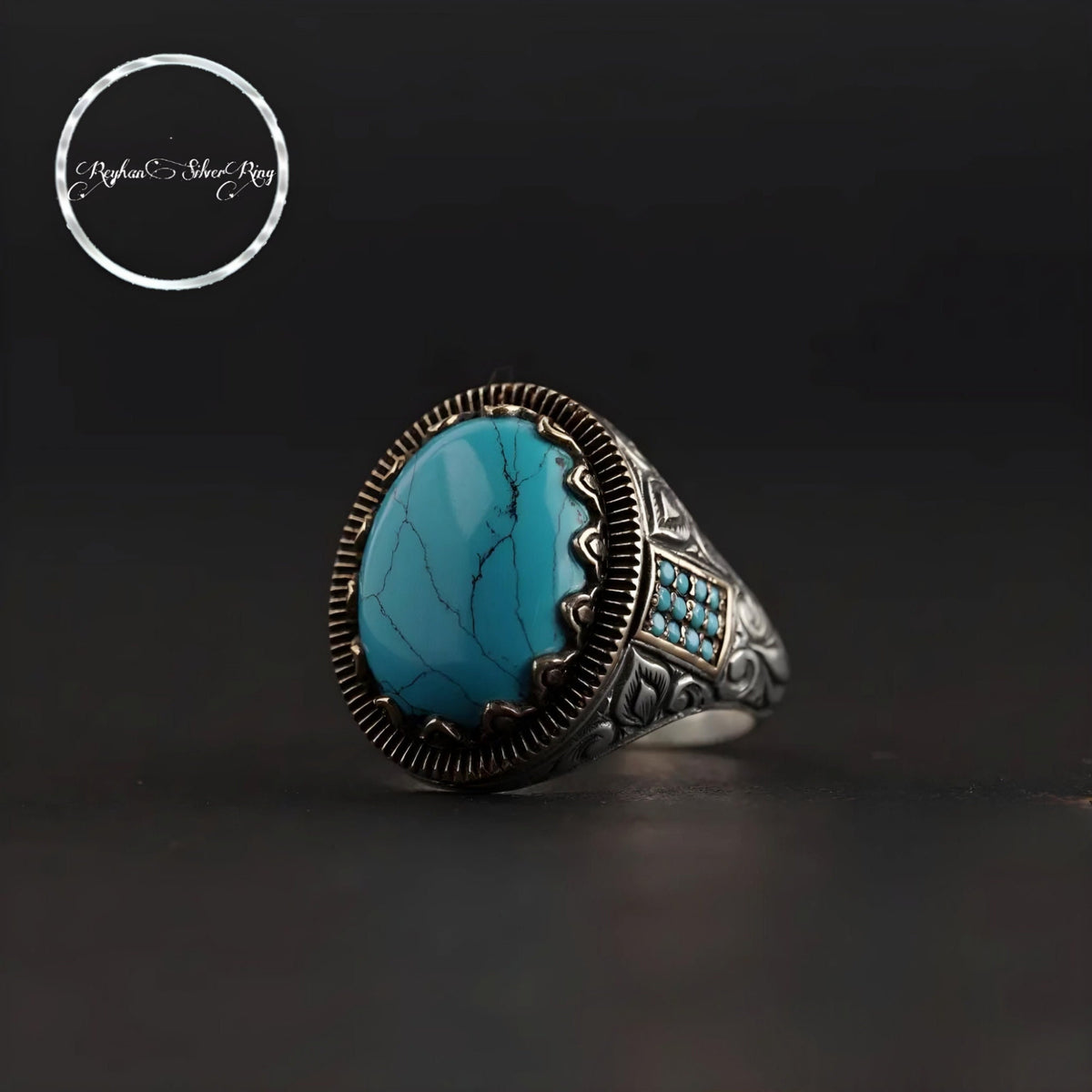 Minimalist turquoise men's ring with Ottoman motifs – view 3