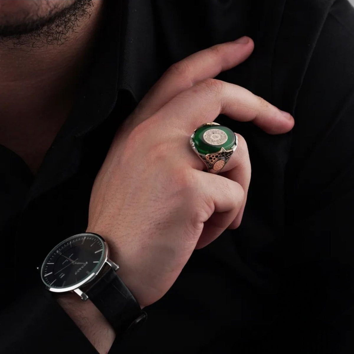 Green Amber Sterling Silver Mens Ring: Islamic Jewelry, Surah Fatiha