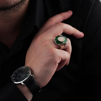 Green Amber Sterling Silver Mens Ring: Islamic Jewelry, Surah Fatiha
