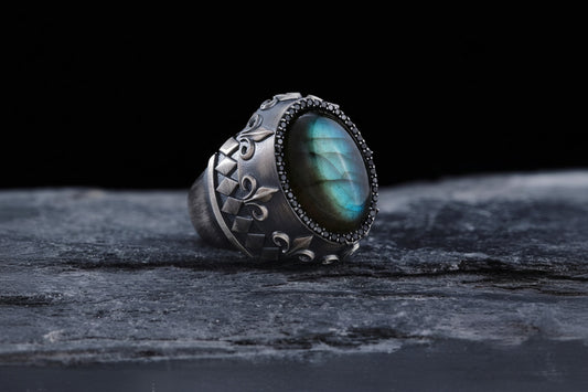 Labradorite Sterling Silver Mens Ring with Zircon