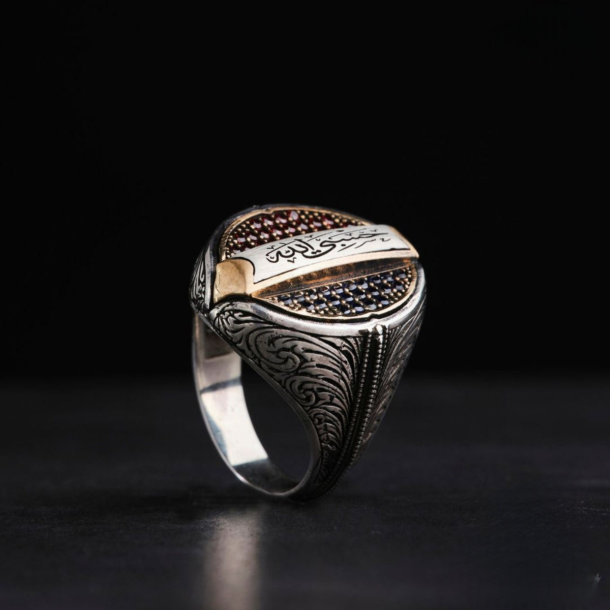 Hasbiyallah ring with red and navy zircon – view 3