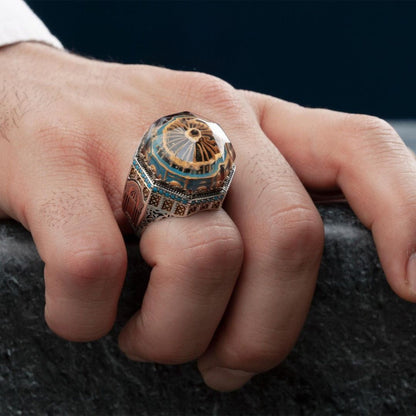 Ottoman Turquoise Ring 925 Silver 3D Carved Islamic Handmade