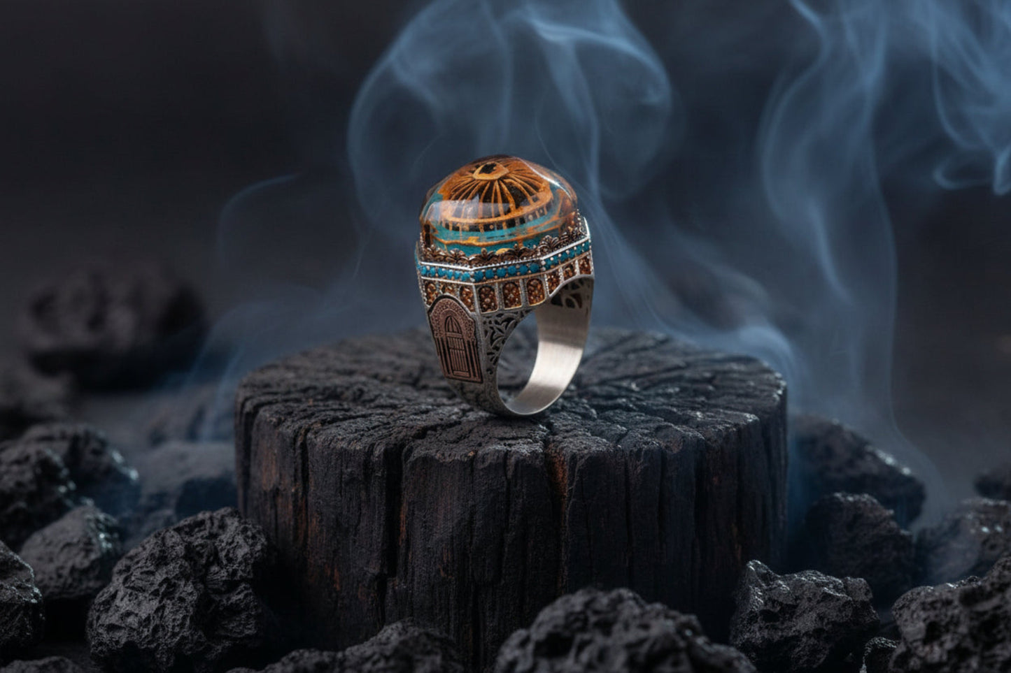 Ottoman Turquoise Ring 925 Silver 3D Carved Islamic Handmade