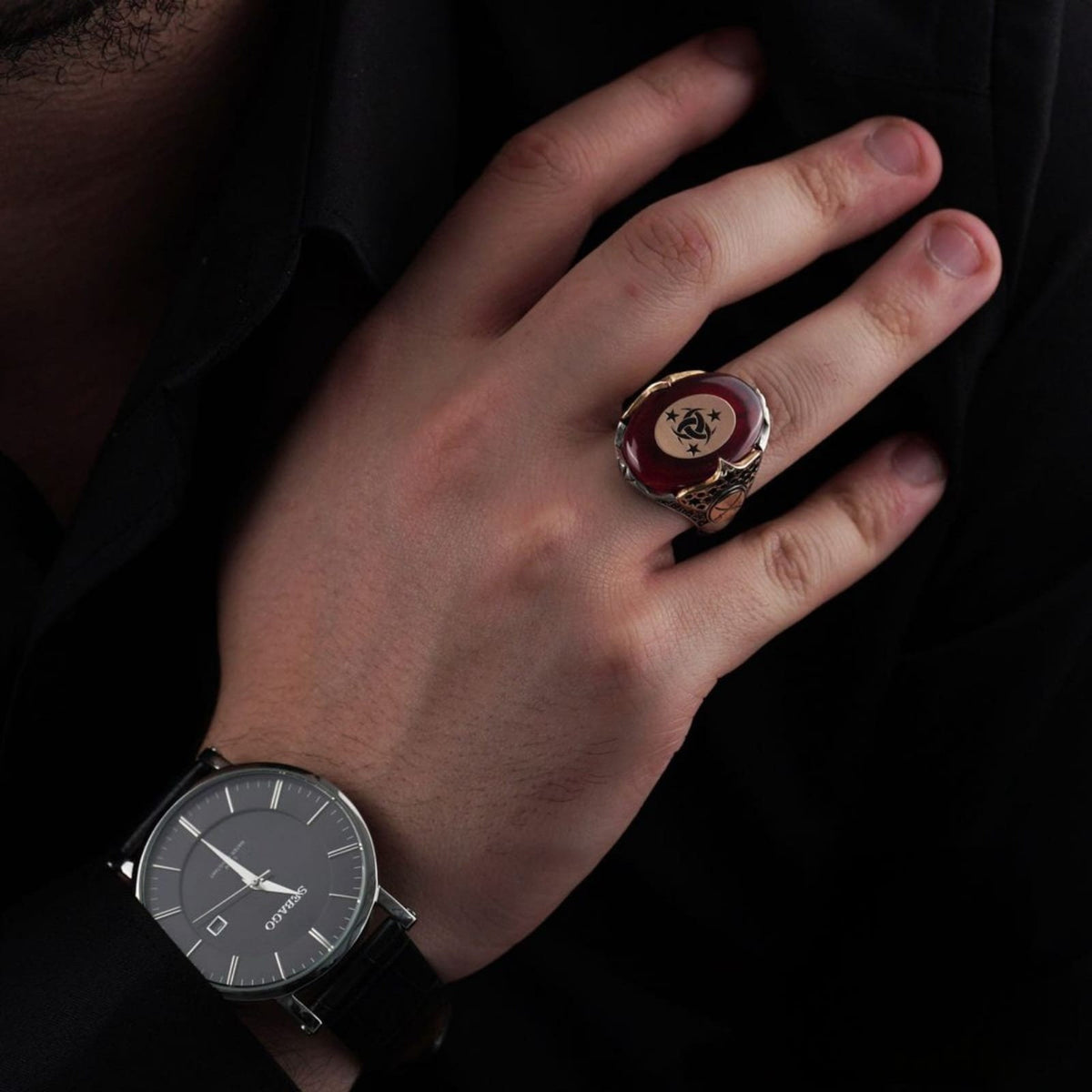 Red Fire Amber Sterling Silver Men's Ring: Ottoman Cross Sword