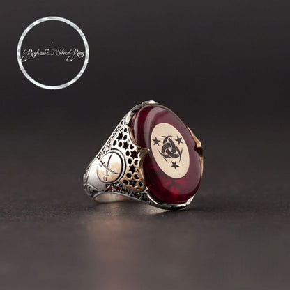 Red Fire Amber Sterling Silver Men's Ring: Ottoman Cross Sword