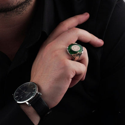 Surah Al-Inshirah Ring 925 Sterling Silver Green Amber Hand-Oxidized Islamic Men's Handcrafted
