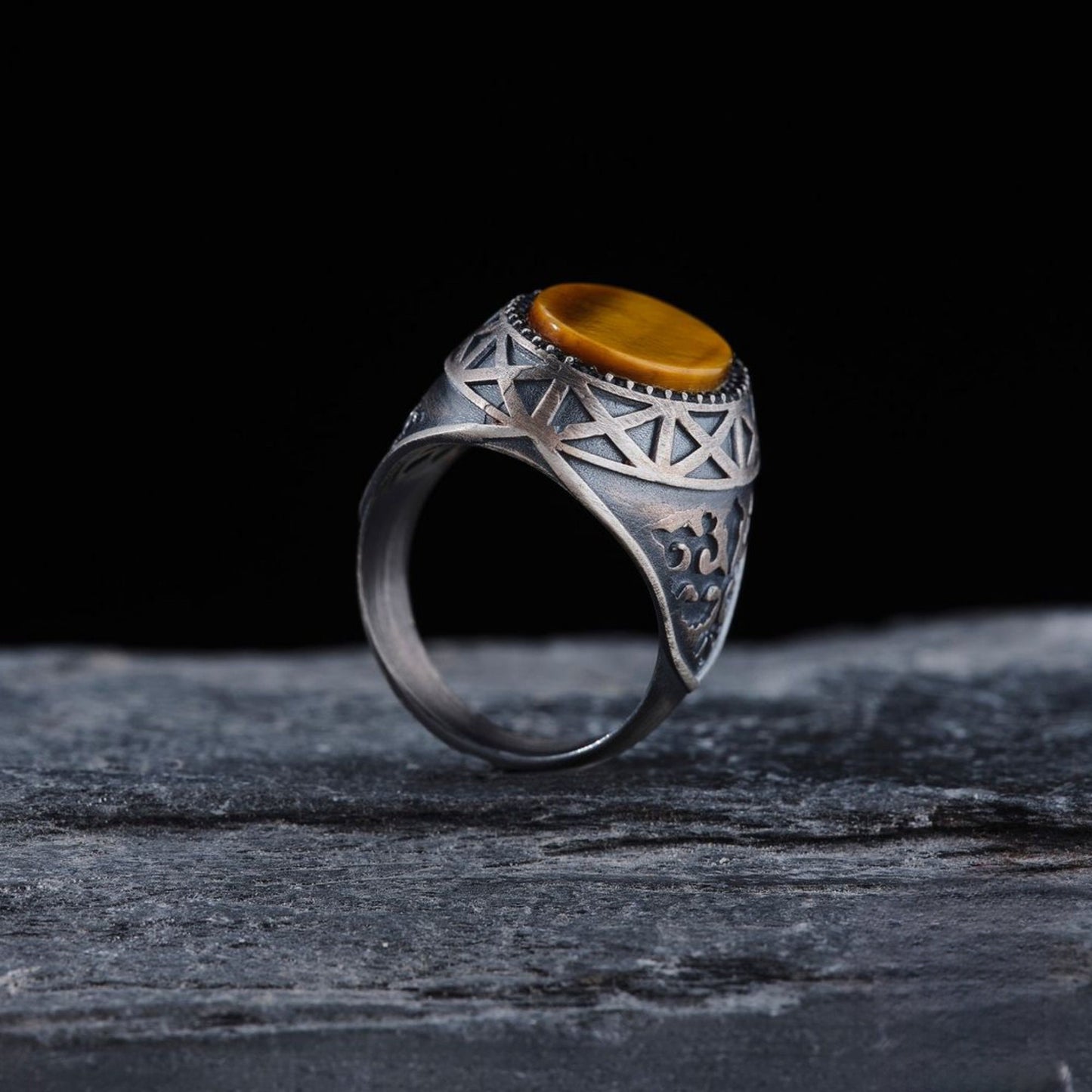 Tiger Eye & Black Zircon Ring – Men's | 925 Silver