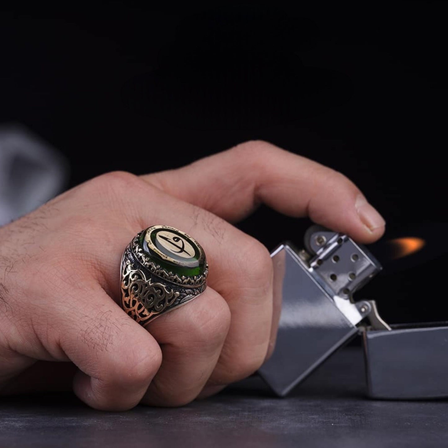 Green Amber Silver Ring – Handcrafted Elif Vav Design