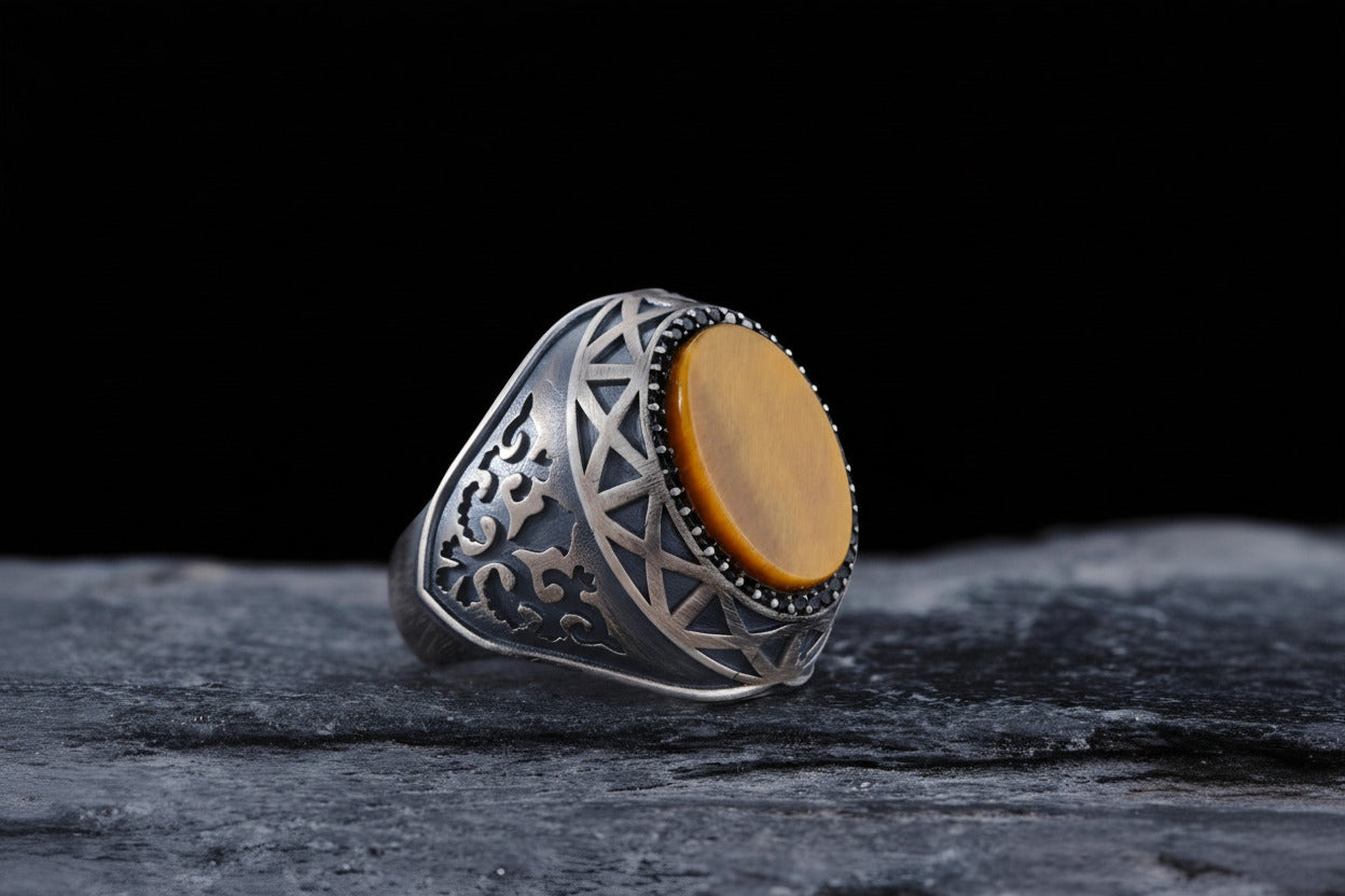Tiger Eye & Black Zircon Ring – Men's | 925 Silver