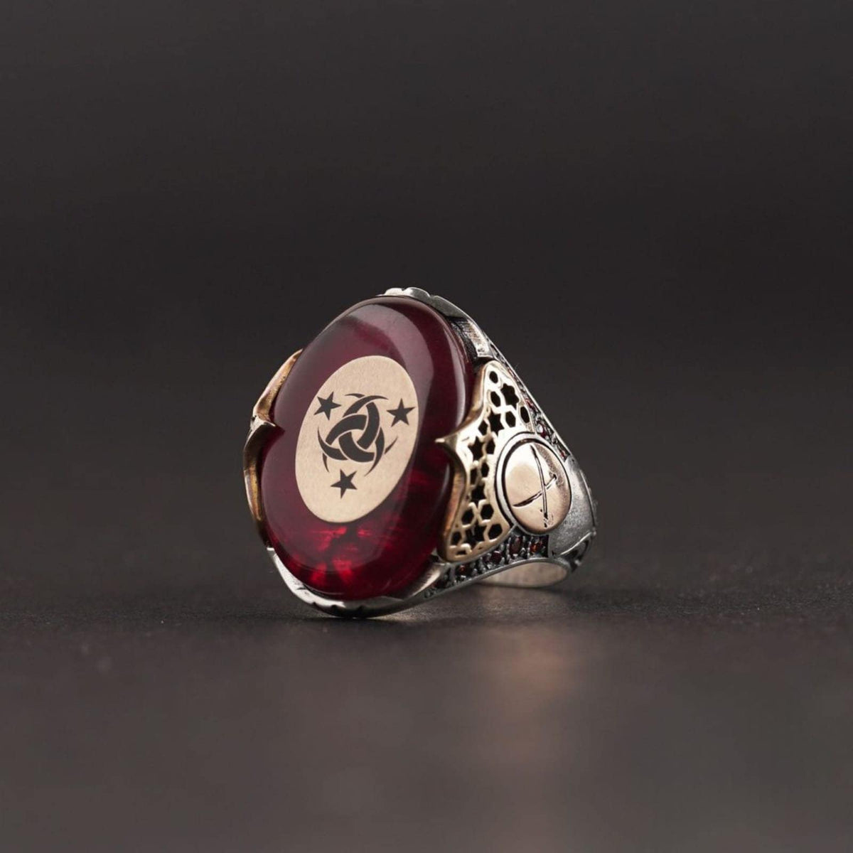 Red Fire Amber Sterling Silver Men's Ring: Ottoman Cross Sword