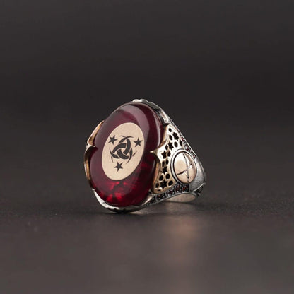 Red Fire Amber Sterling Silver Men's Ring: Ottoman Cross Sword