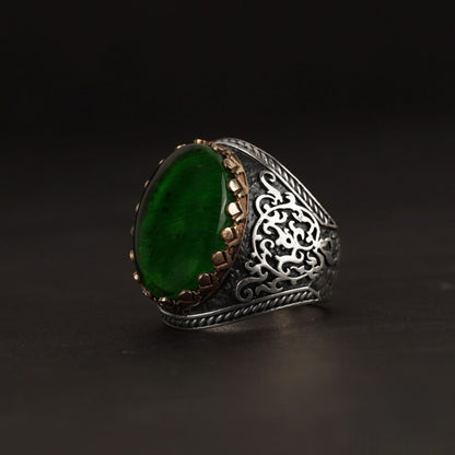 Green fire amber ring with ivy pattern – view 3