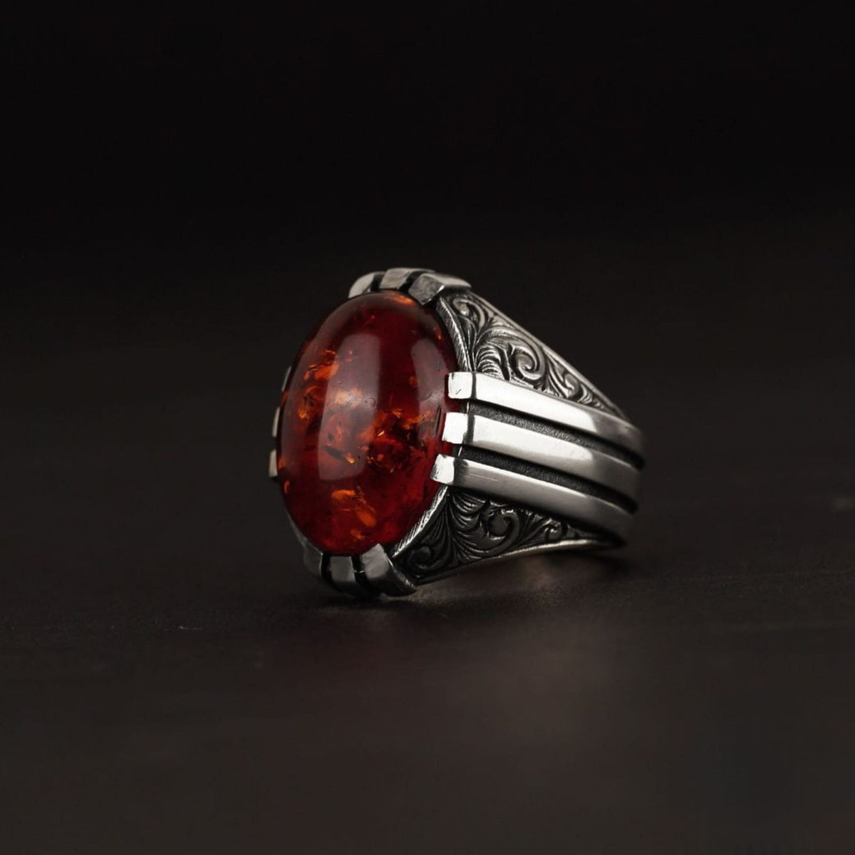 Red fire amber men's ring with engraved sides – view 3