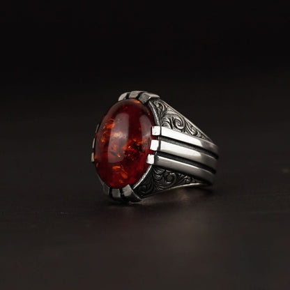 Red fire amber men's ring with engraved sides – view 3