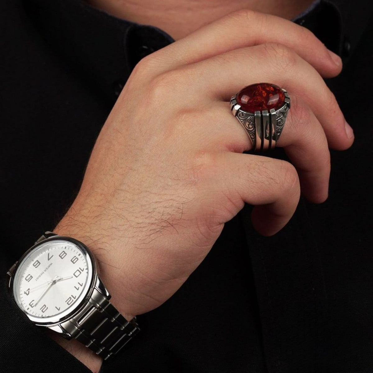 Red fire amber men's ring with engraved sides – view 2