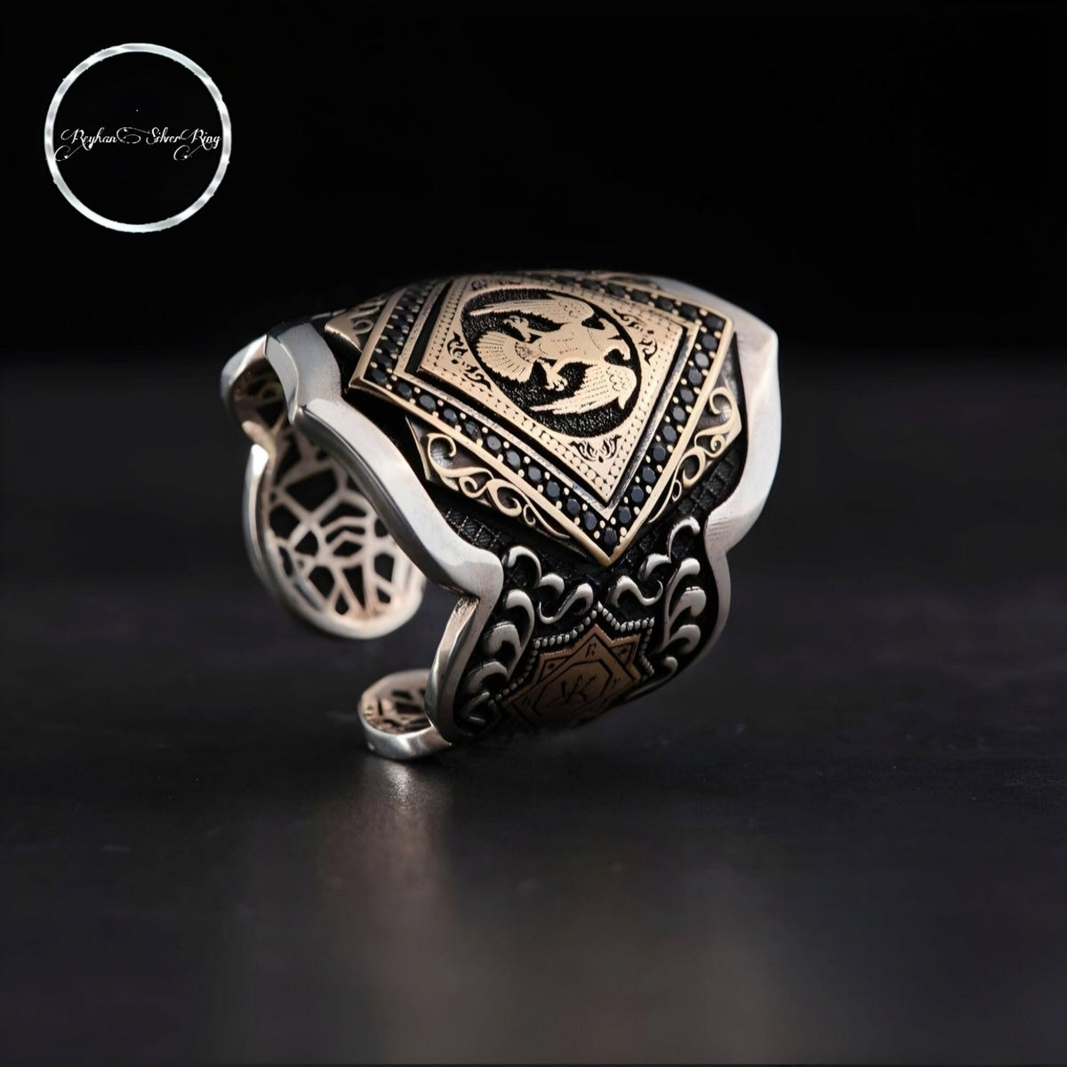 Double-headed eagle zihgir thumb ring with black zircon – view 2