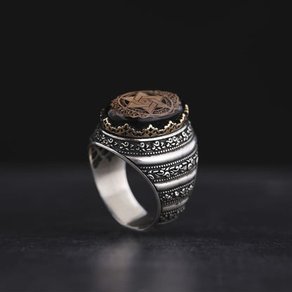 Black Amber Ring – Seal of Love Engraving | 925 Silver Men's Ring