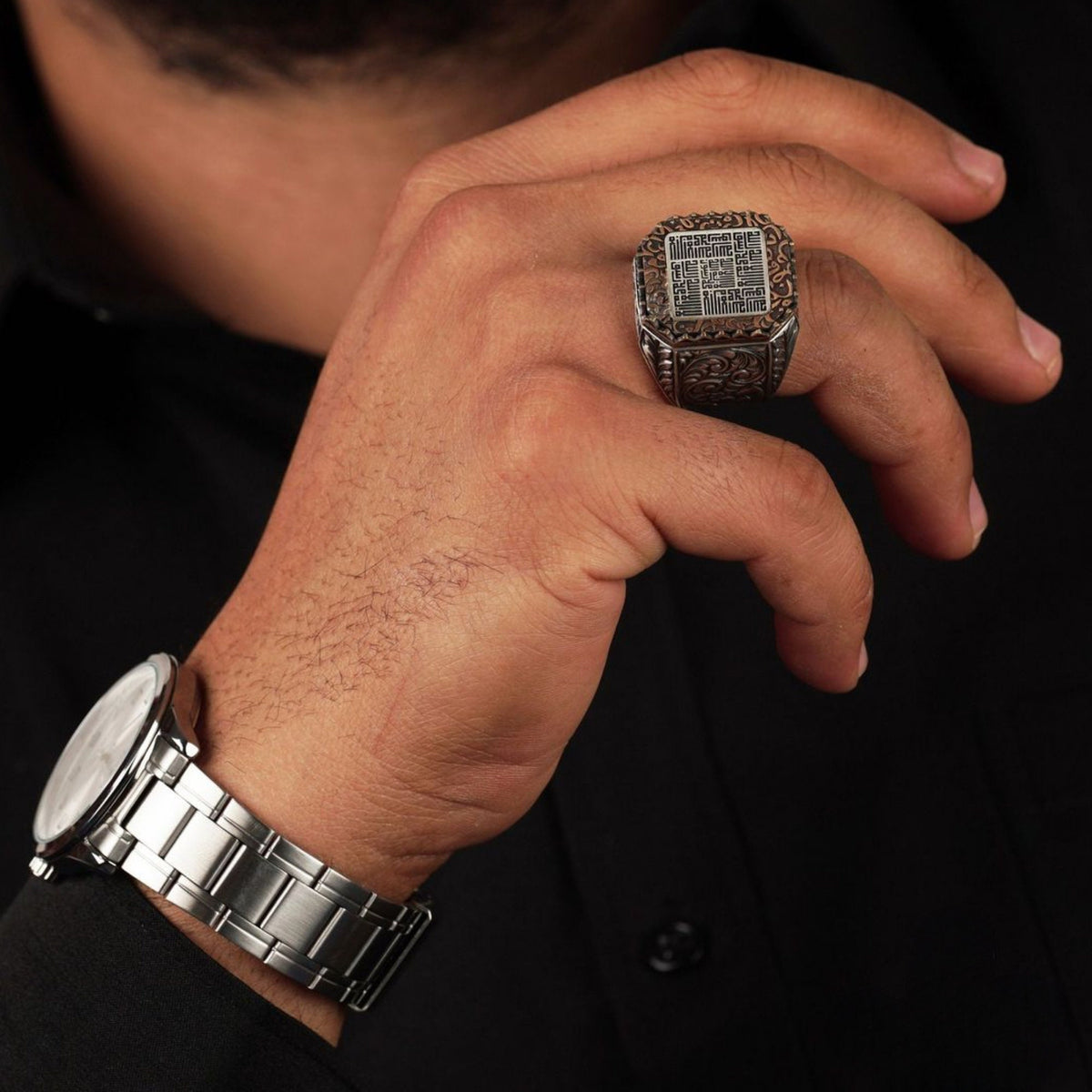 Kalima Tawhid Ring, Kufic Calligraphy, Bronze Setting – view 2