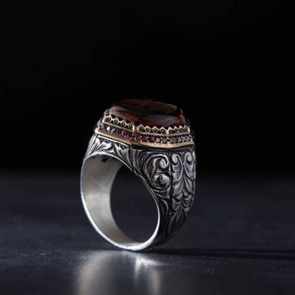 Turkish wolf men's ring with red amber and zircon – view 4