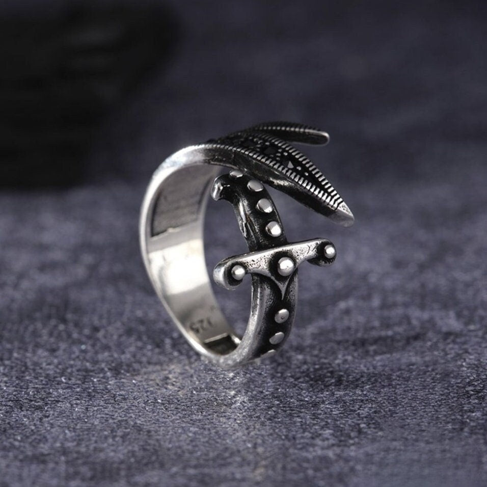 Zulfiqar Sword Ring 925 Silver Black Zircon Adjustable Handmade