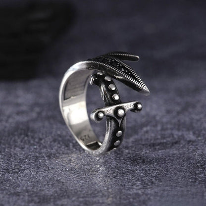 Zulfiqar Sword Ring 925 Silver Black Zircon Adjustable Handmade