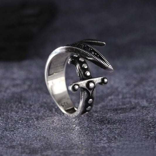 Zulfiqar Sword Ring 925 Silver Black Zircon Adjustable Handmade