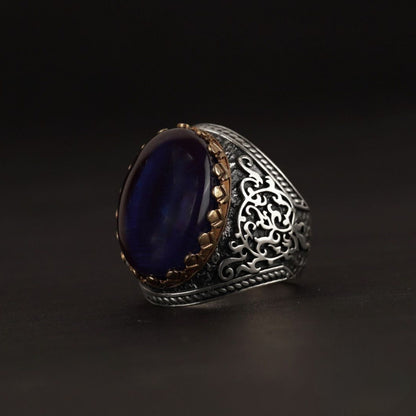 Ivy pattern men's ring with dark blue fire amber – view 3