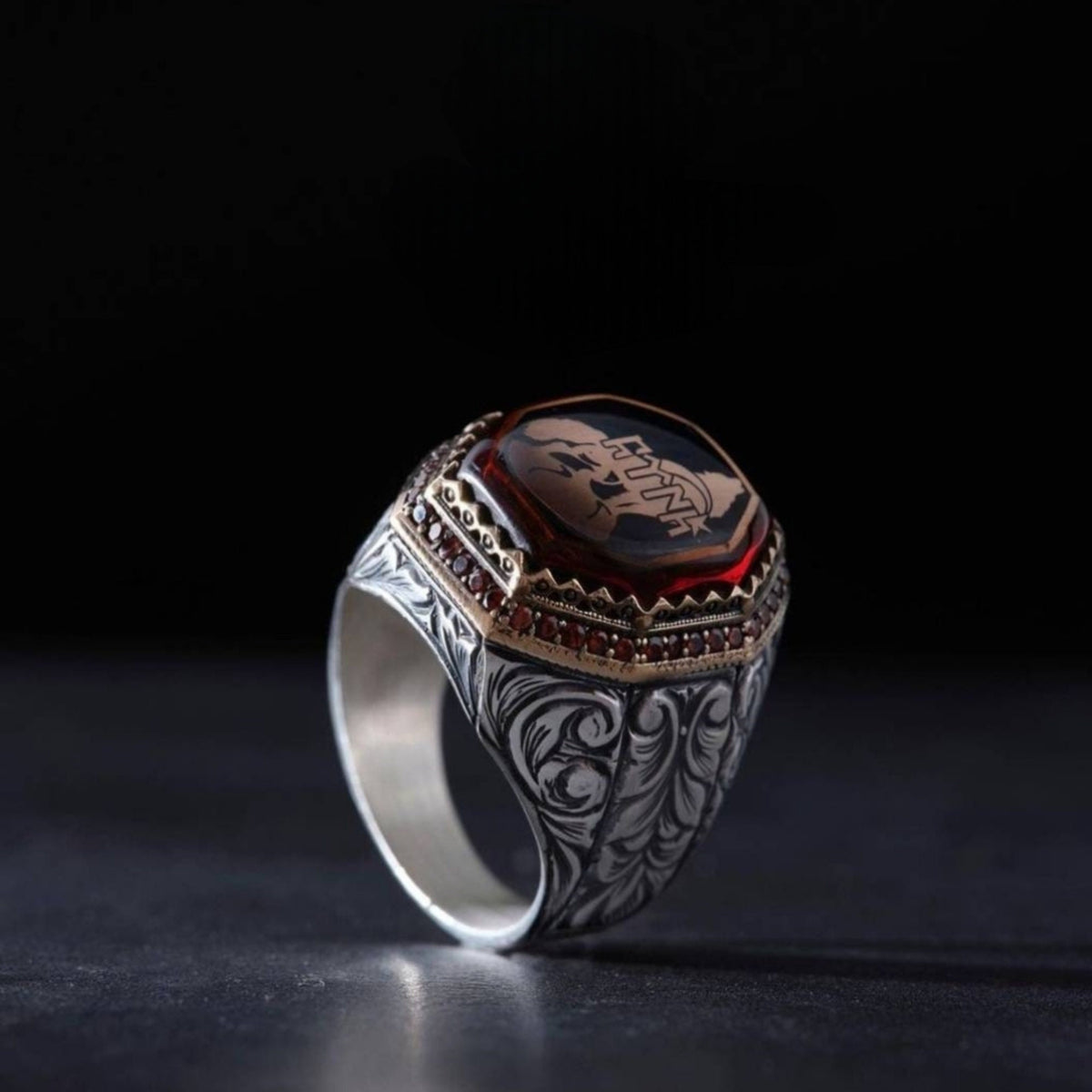 Turkish wolf men's ring with red amber and zircon – view 3