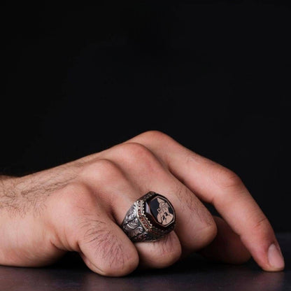 Turkish wolf men's ring with red amber and zircon – view 5