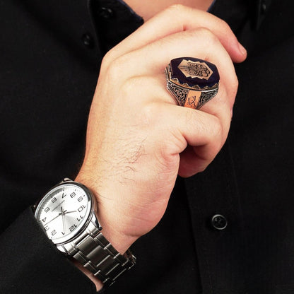 Handgefertigter Bernsteinring aus Sterlingsilber: Gravierter arabischer Vers, türkischer Schmuck