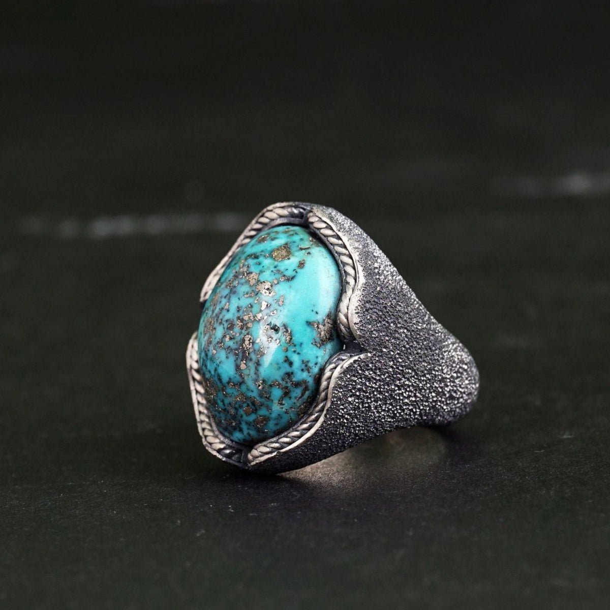 Handcrafted Arizona Turquoise Ring: Sandblasted Sterling Silver