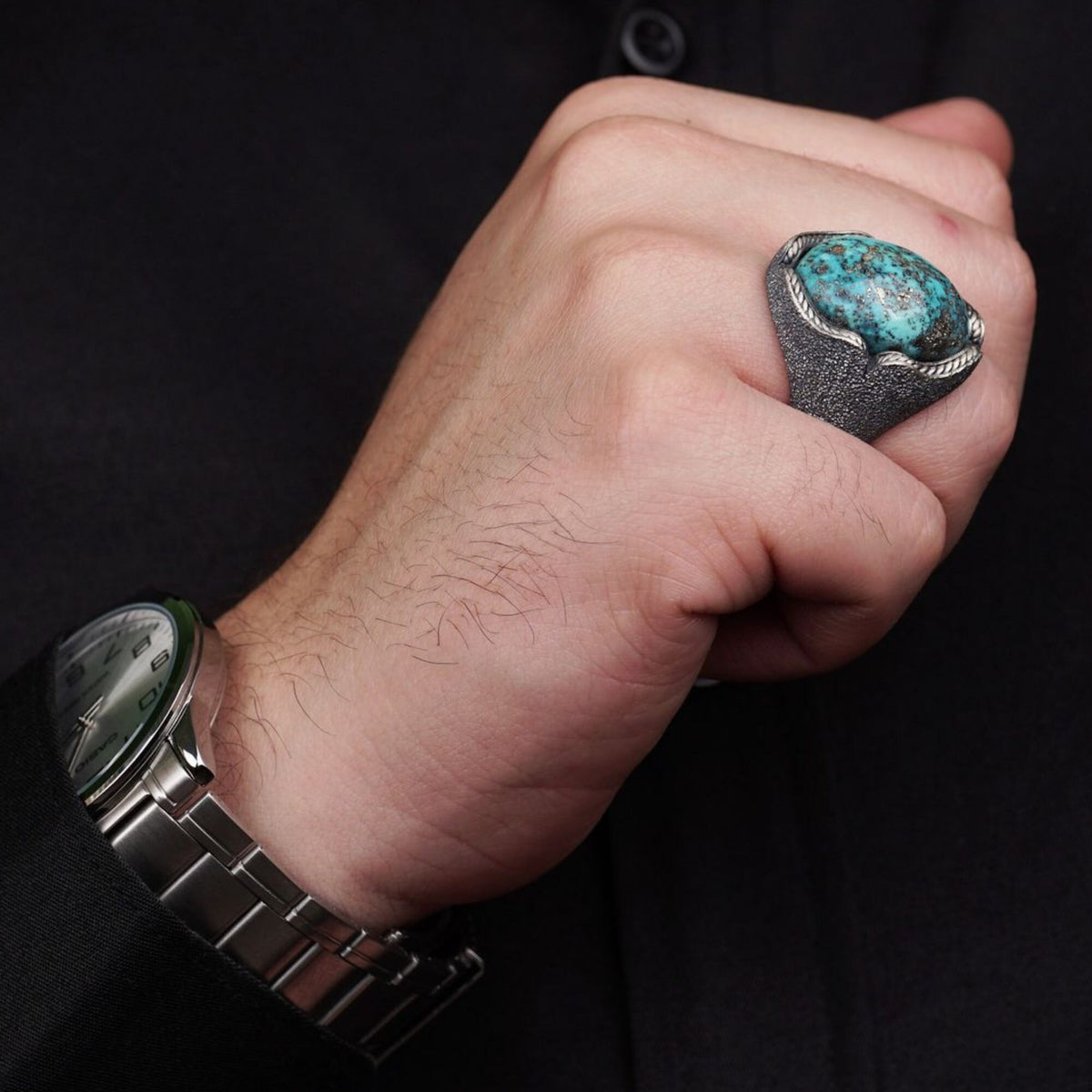 Handcrafted Arizona Turquoise Ring: Sandblasted Sterling Silver