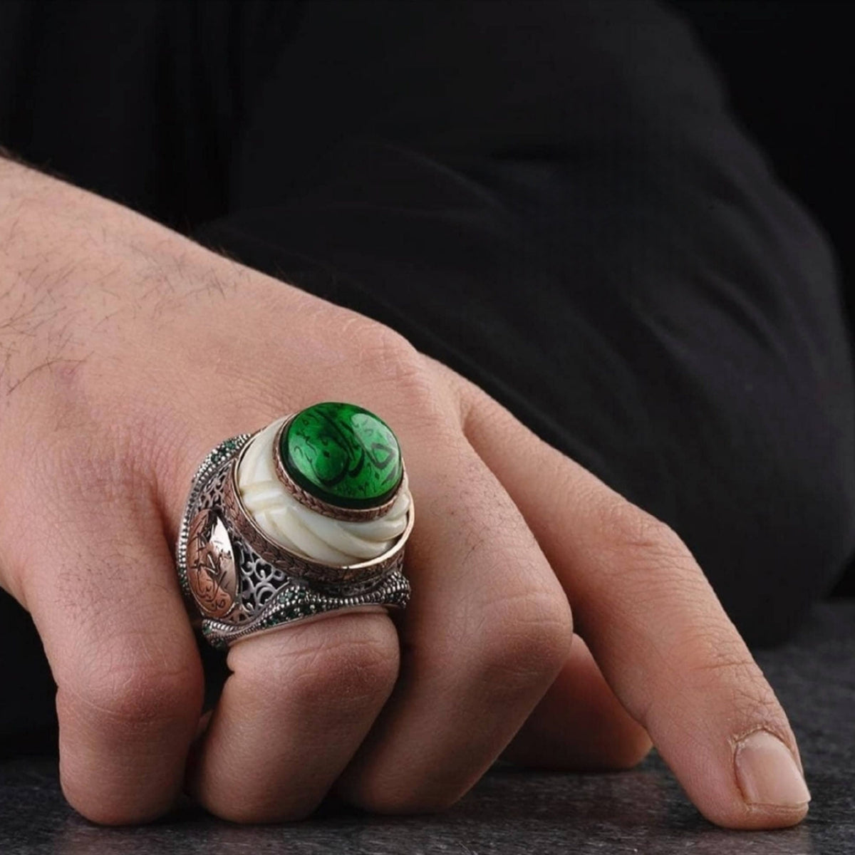 Green Katalin Amber Turban Ring: 925 Sterling Silver Ottoman Jewelry