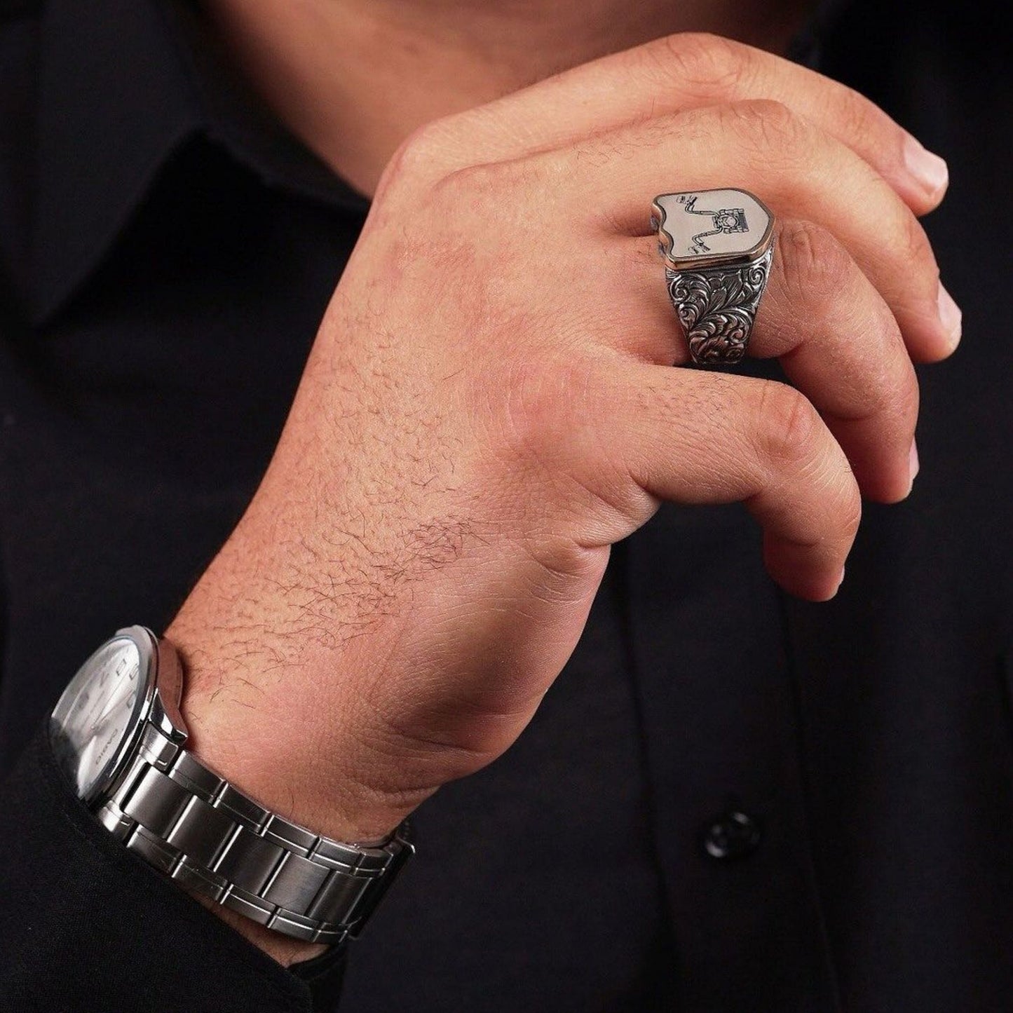 Motorcycle Biker Ring 925 Sterling Silver Hand Engraved