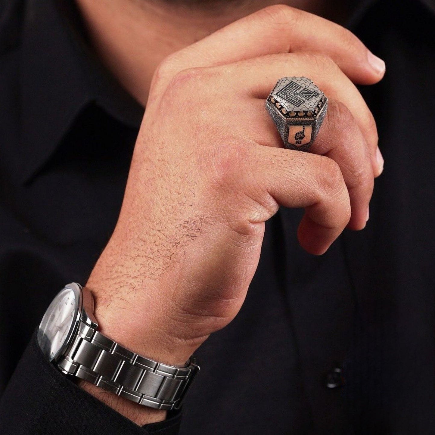 Sechseckiger Ring aus Sterlingsilber: Kufi-Kalligrafie, islamische Inschrift