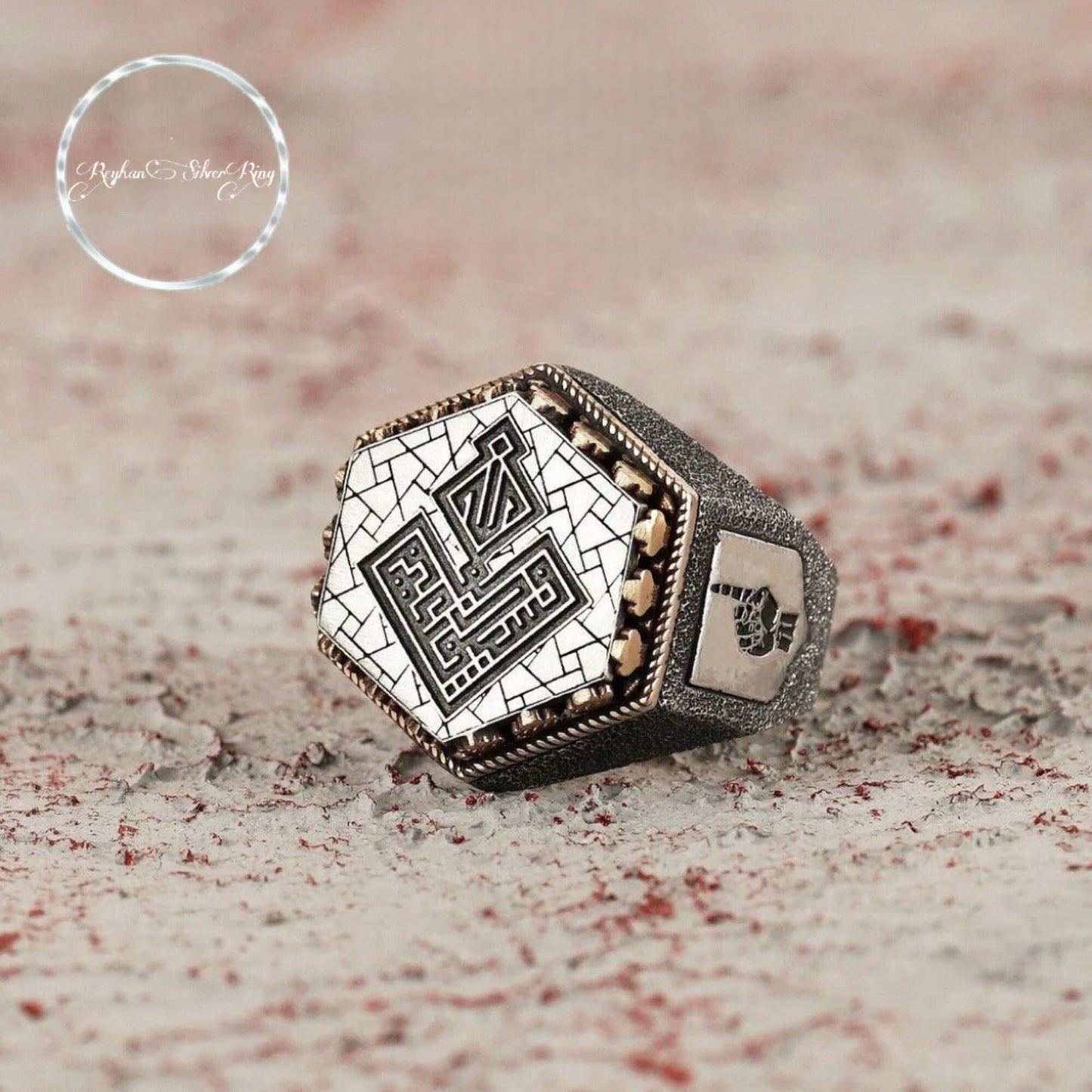 Sechseckiger Ring aus Sterlingsilber: Kufi-Kalligrafie, islamische Inschrift
