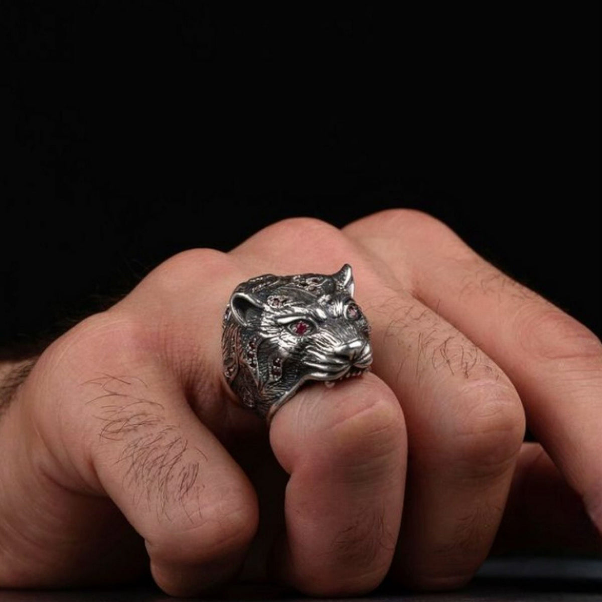 Panther head ring with red zircon eyes – view 2