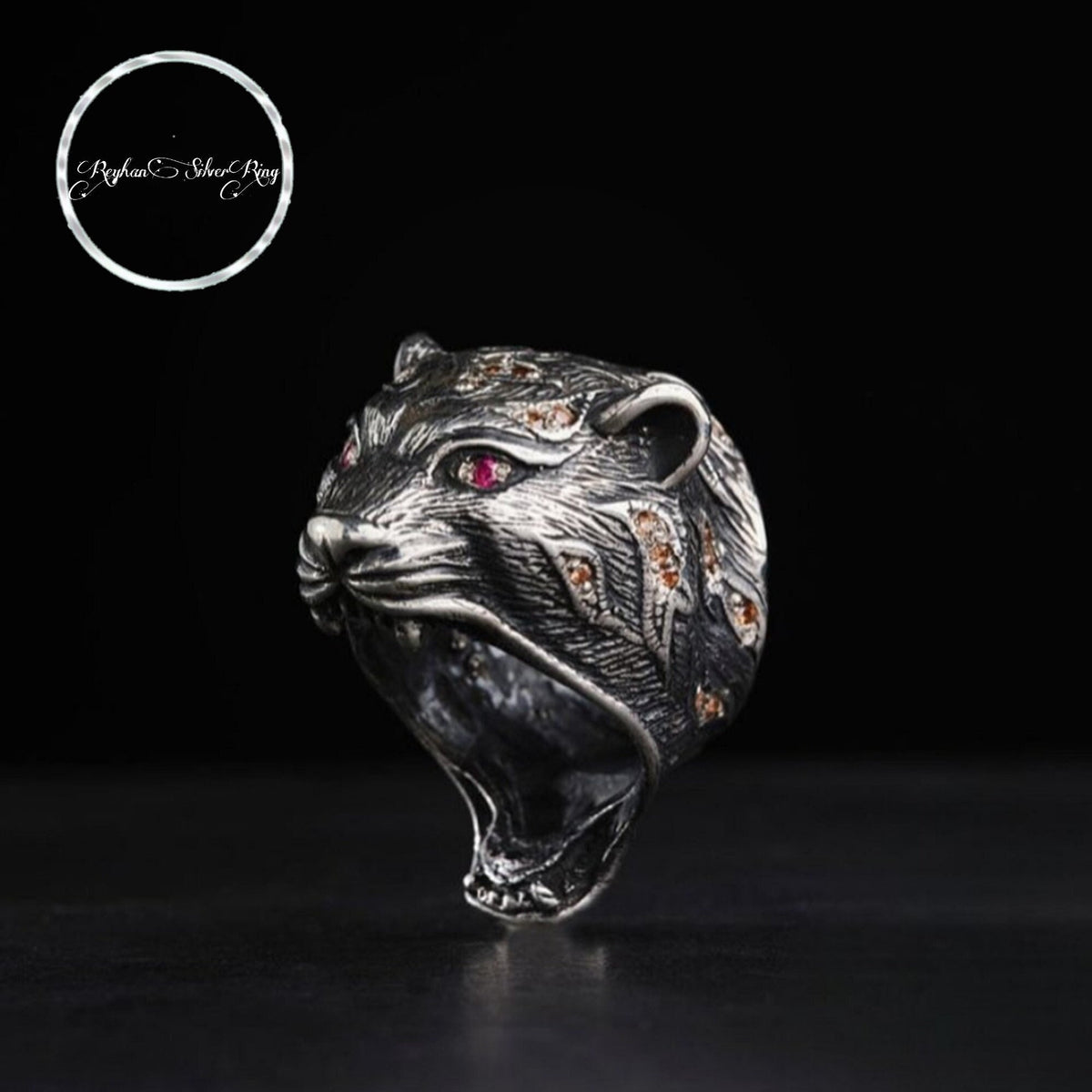 Panther head ring with red zircon eyes – view 3